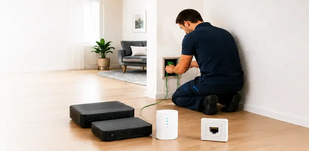 Technicien installant un raccordement Internet et Wi-Fi à domicile