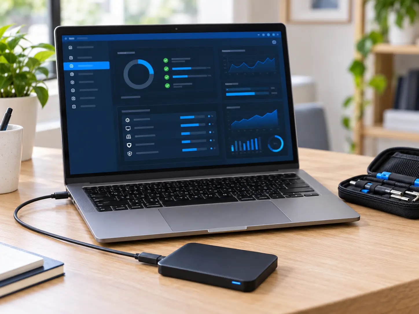 Ordinateur portable en cours de diagnostic avec disque externe
