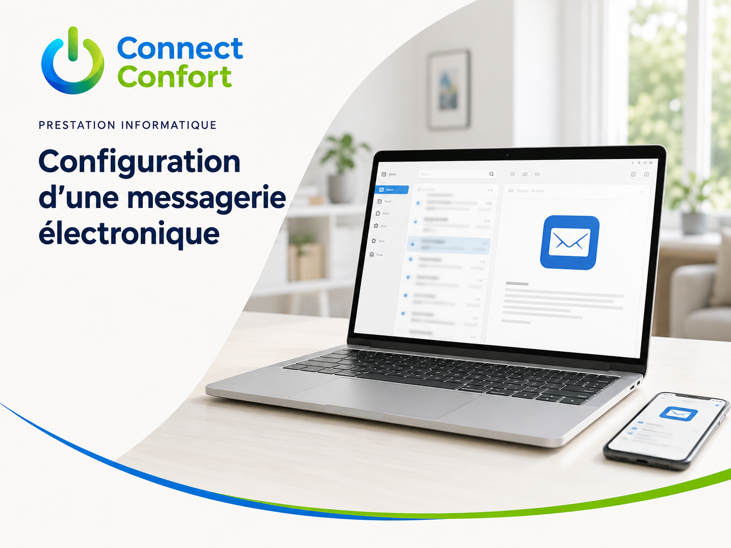 Ordinateur portable et smartphone affichant une messagerie électronique, avec le logo Connect Confort.