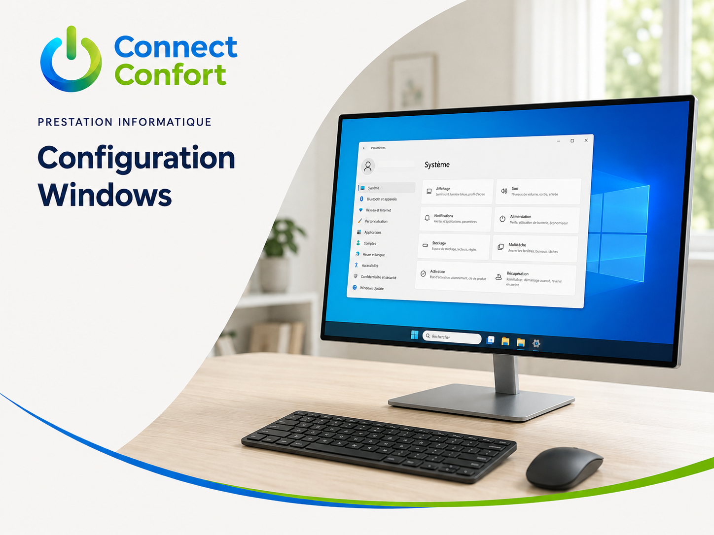 Ordinateur affichant les paramètres Windows, avec clavier, souris et logo Connect Confort.