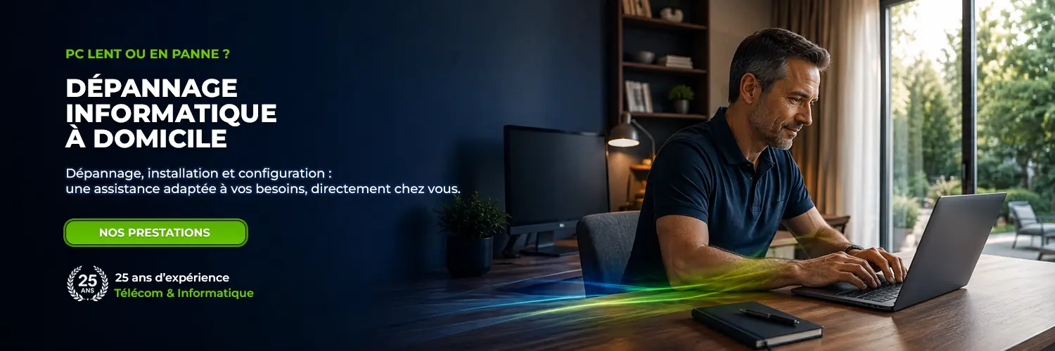 Dépannage informatique à domicile : un technicien configure un ordinateur portable.