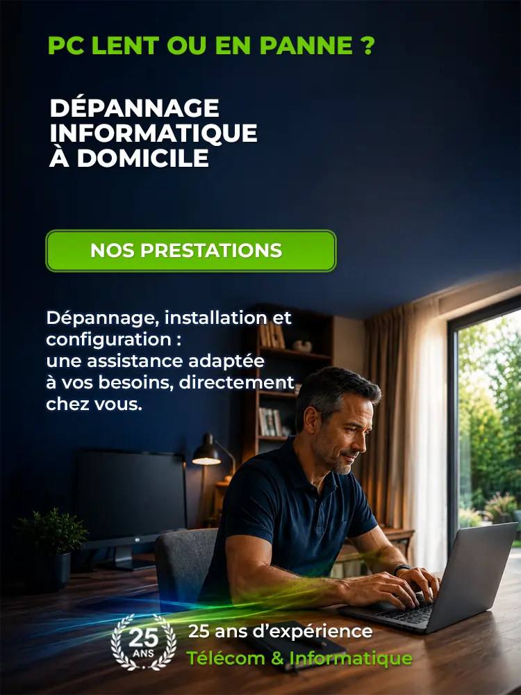 Dépannage informatique à domicile : un technicien configure un ordinateur portable.