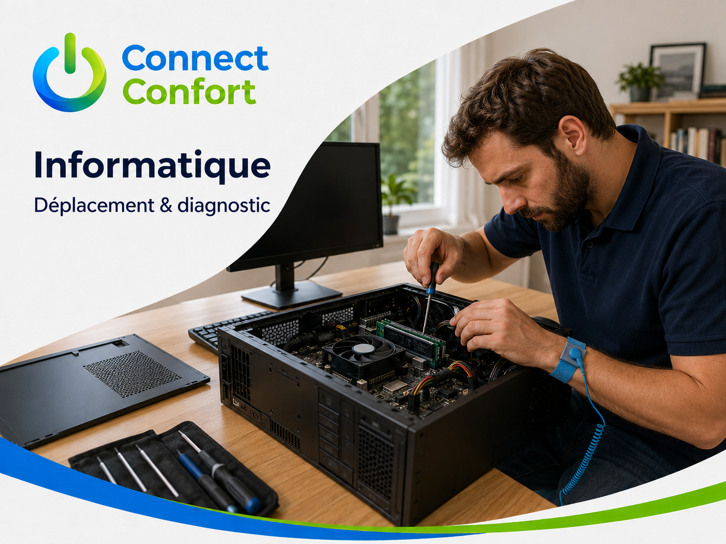 Technicien réalisant un diagnostic informatique sur un ordinateur de bureau ouvert à domicile.