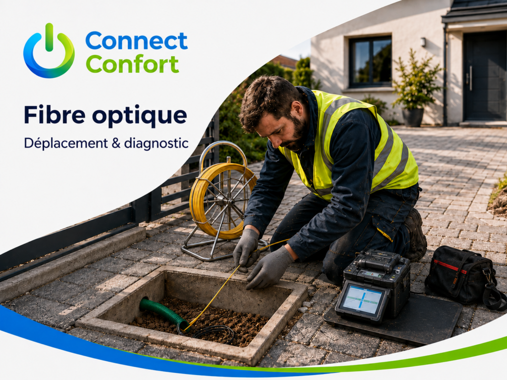 Technicien guidant une aiguille dans un fourreau télécom vert pour un diagnostic fibre optique, visuel Connect Confort.