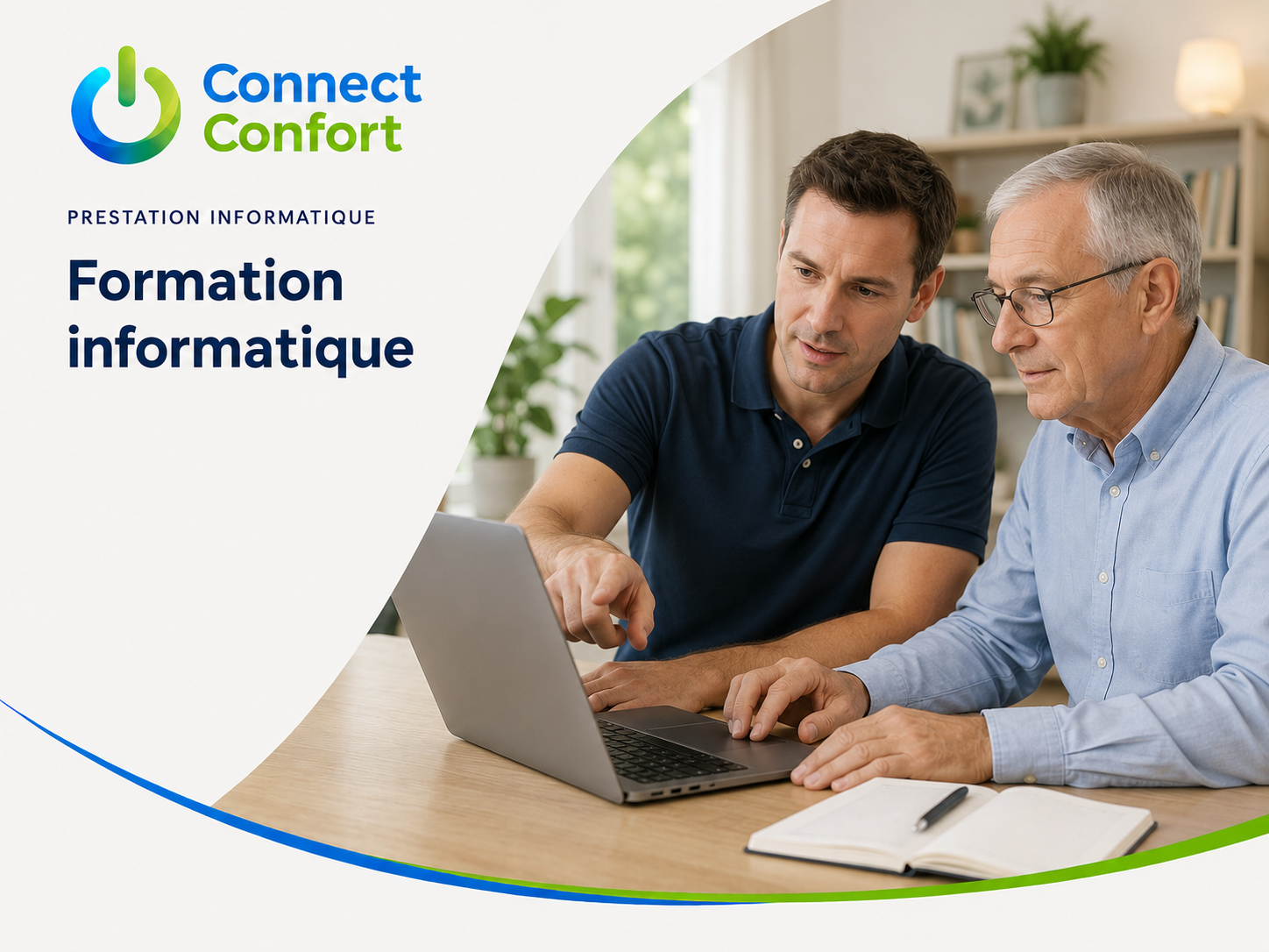 Formateur accompagnant un apprenant dans l’utilisation d’un ordinateur portable à domicile.