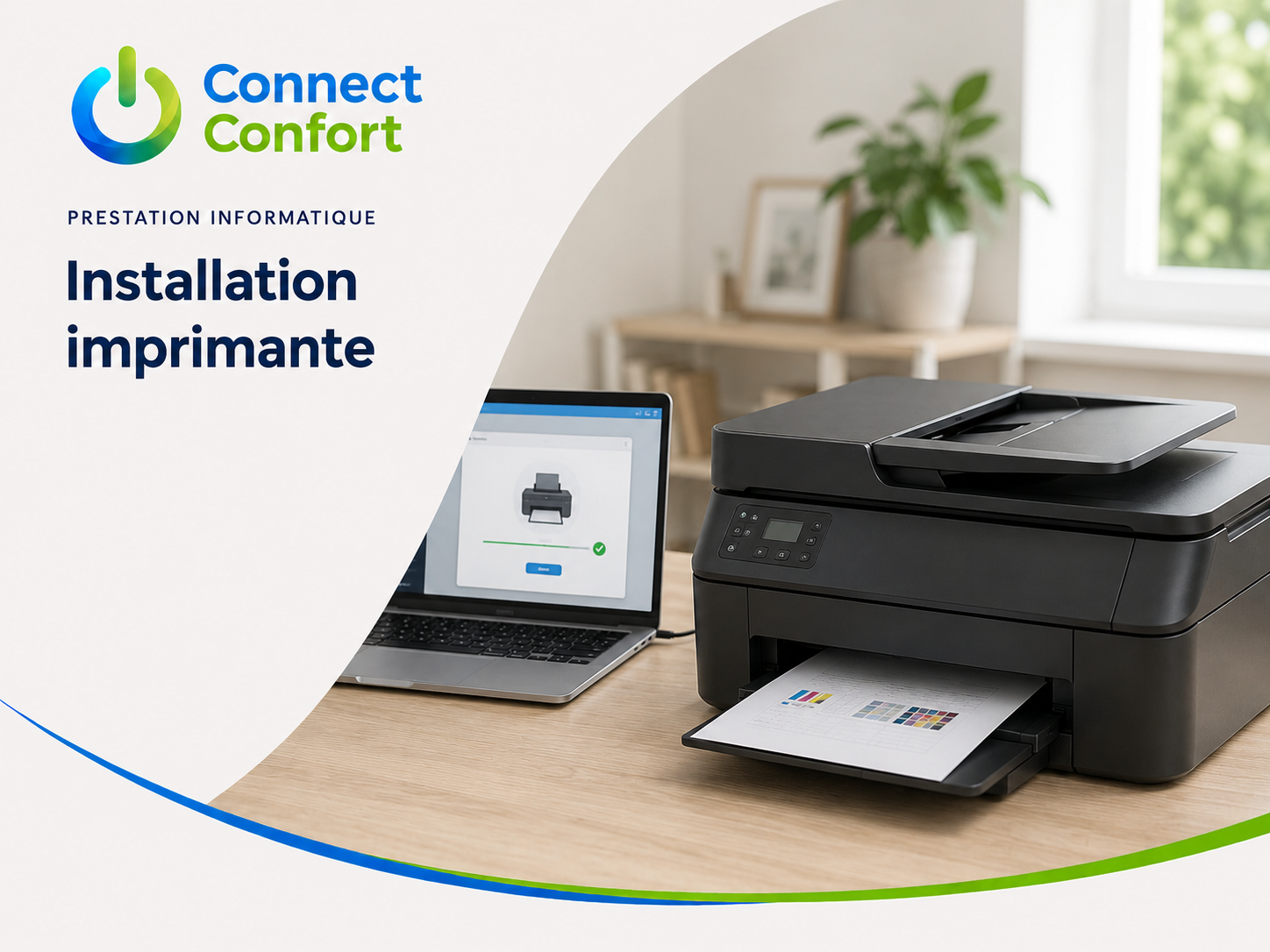 Imprimante multifonction produisant une page de test, à côté d’un ordinateur portable affichant sa configuration.