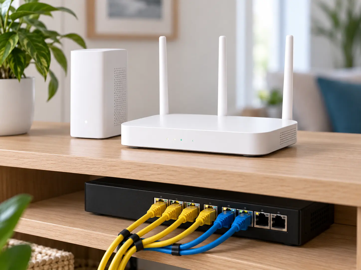 Routeur Wi-Fi, borne maillée et switch avec câbles Ethernet