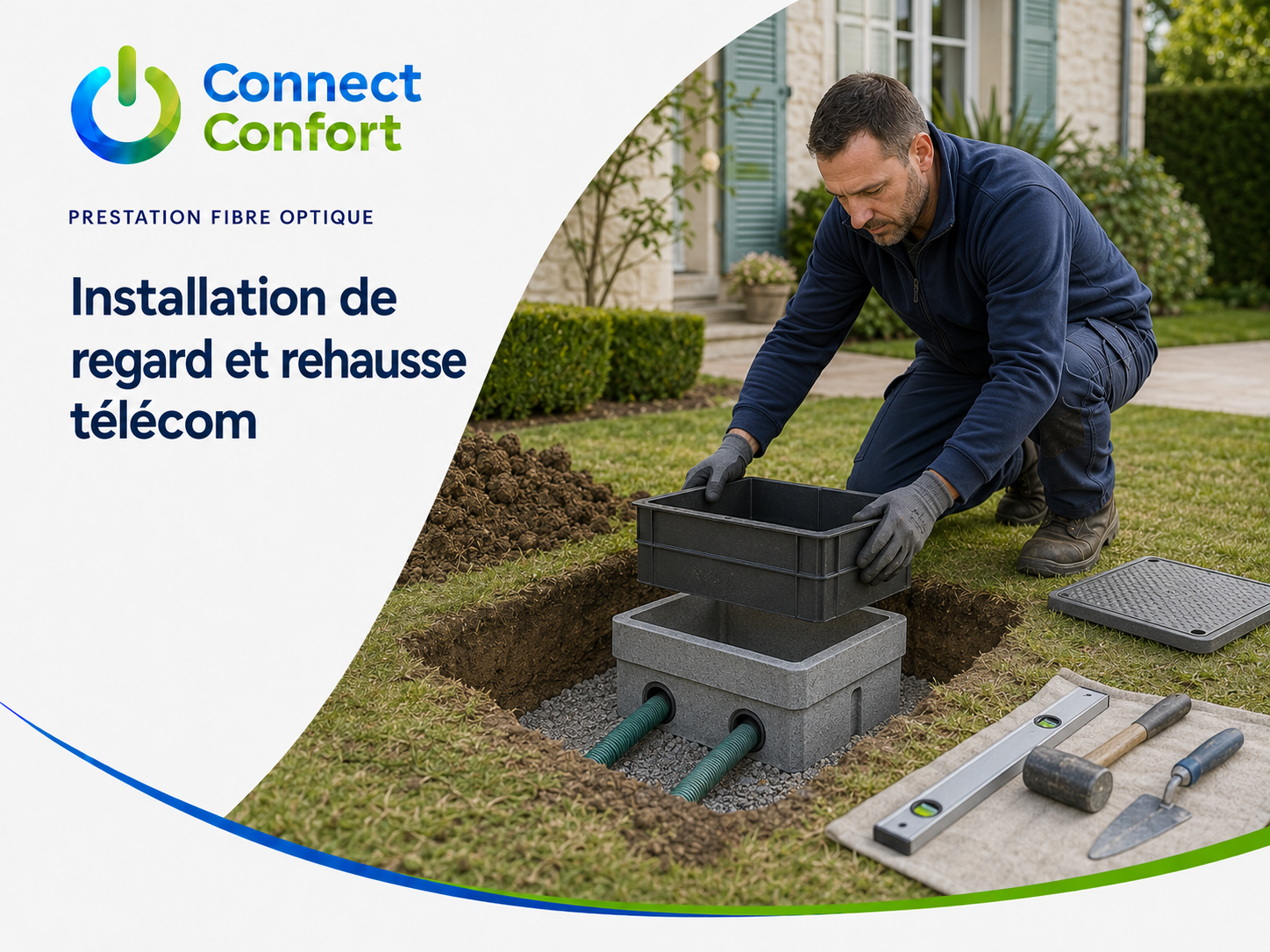 Technicien installant une rehausse sur un regard télécom enterré dans un jardin.
