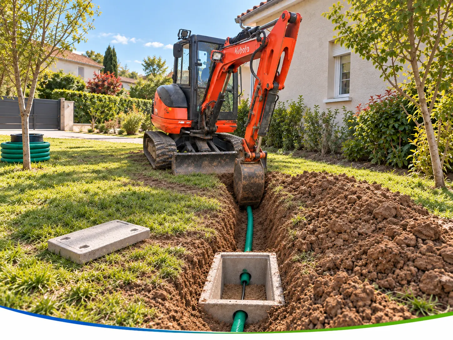 Mini-pelle Kubota devant une tranchée ouverte équipée d'un fourreau télécom vert et d'un regard béton laissant apparaître le câble noir, sur terrain privé à Clermont-Ferrand.