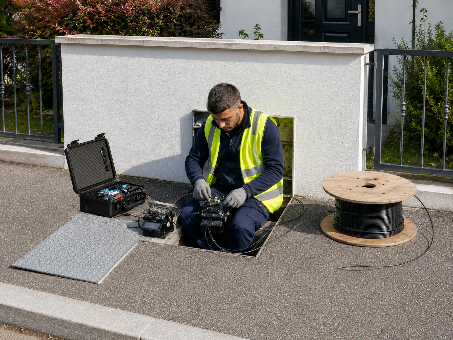 Technicien réalisant des travaux fibre optique à Clermont-Ferrand après un raccordement bloqué