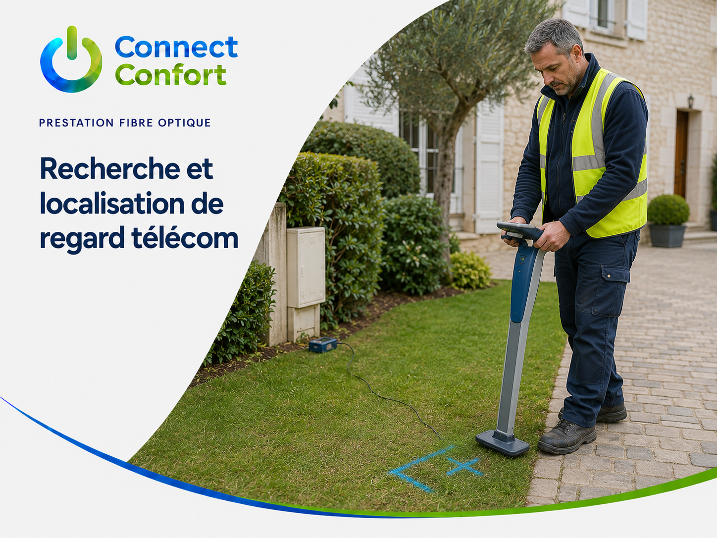 Technicien localisant un regard télécom enterré à l’aide d’un détecteur de réseaux.