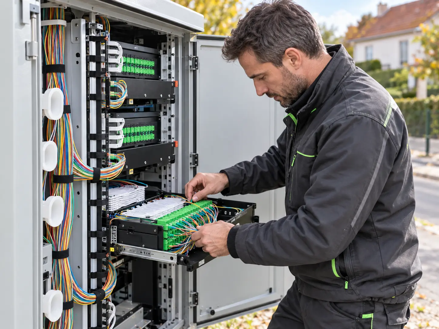 Technicien intervenant dans une armoire de raccordement fibre optique