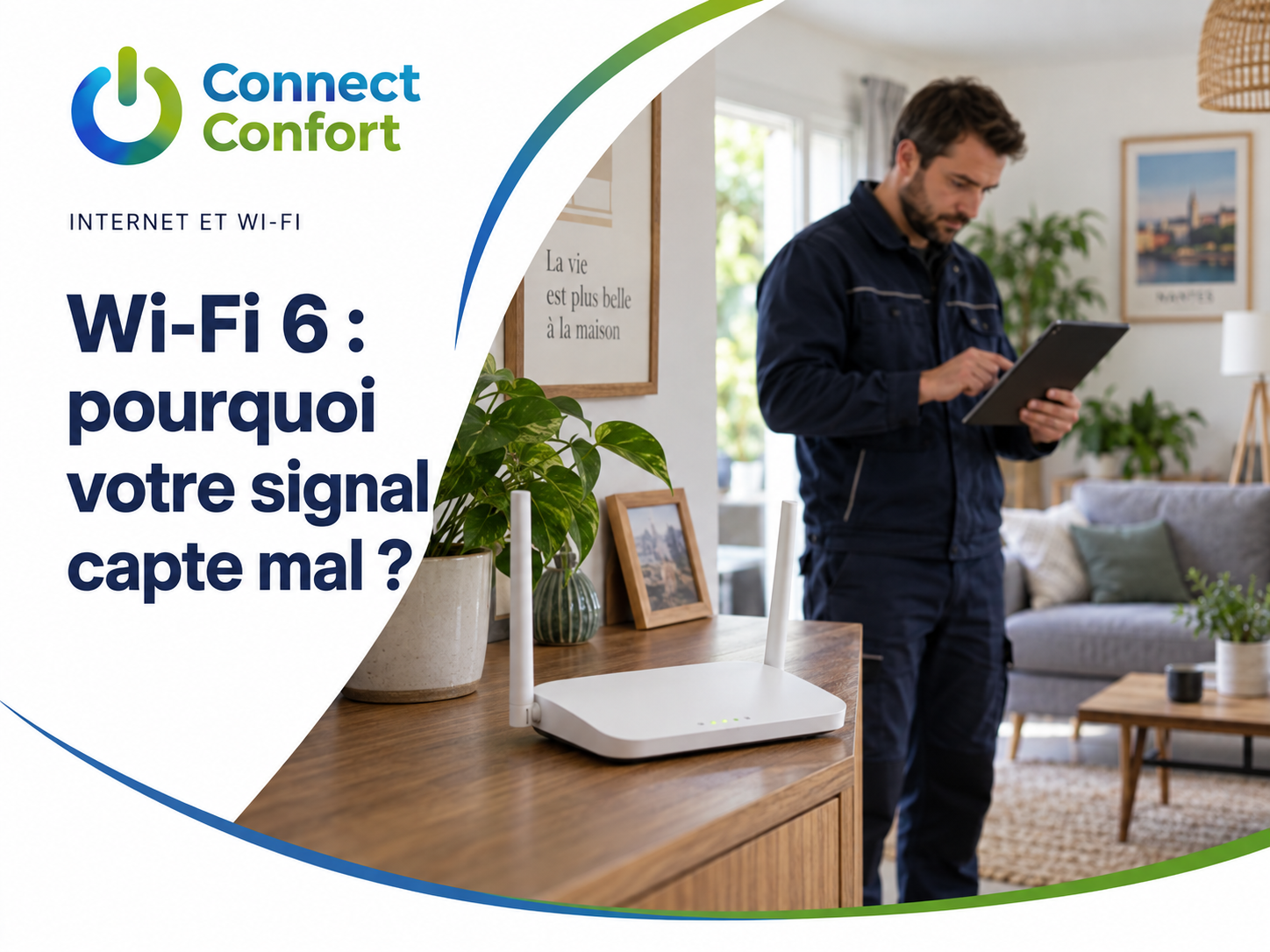 Un technicien mesure le signal Wi-Fi avec un téléphone près d’une box internet pour diagnostiquer une mauvaise réception.